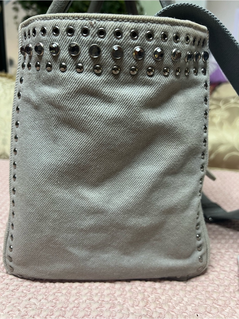 Prada Canapa Studded Crystal Denim Tote Bag Grey Nube B2692H - Picture 6 of 17
